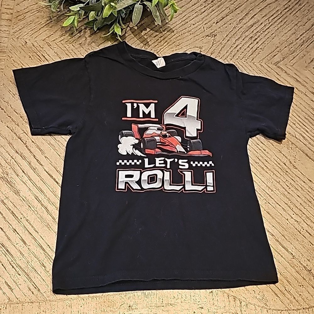 Race car 4 year birthday shirt I'm 4 let's roll! 100% cotton